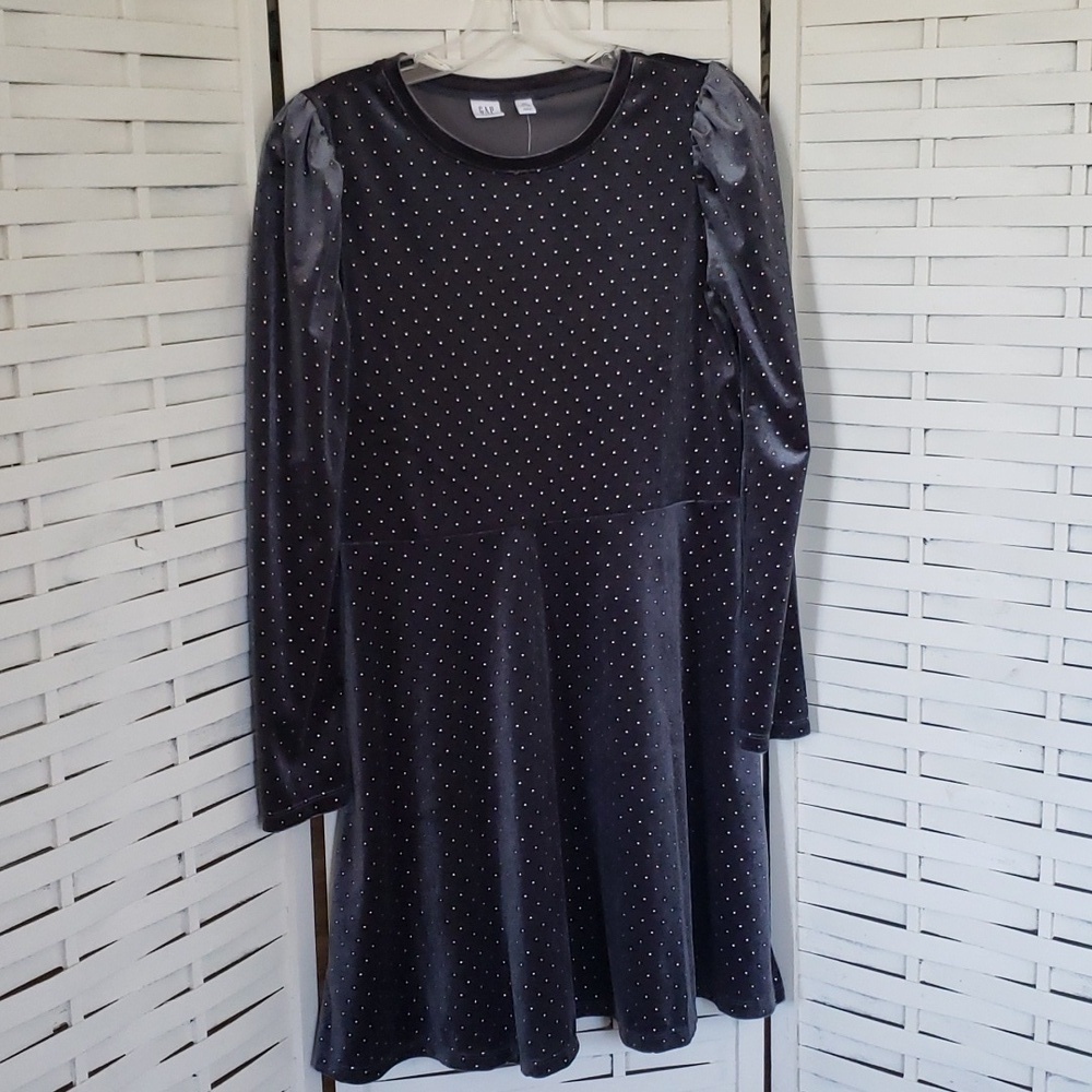 GAP new dark gray with gold tiny dots velvet girls dress 14/16